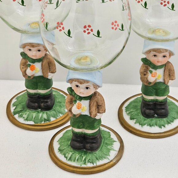 1980s Porcelain Figurine Wine Glasses set-3 by JSNY Taiwan whimsical sweet wine - Picture 4 of 14